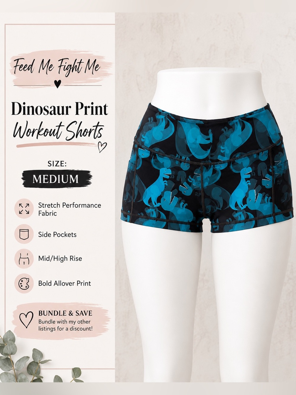 Feed Me Fight Me medium Teal Dinosaur Print Shorts on Black fmfm